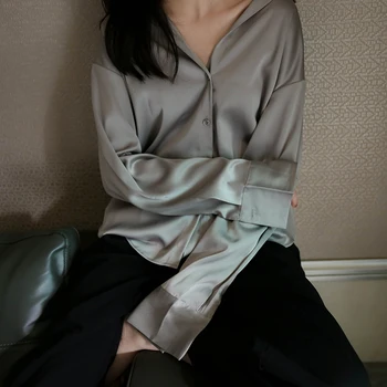 Bluze Pentru Femei De Moda Bluza Din Satin Elegant V Gât Birou Doamnă Top Casual Cu Maneca Lunga Camasa Buton Topuri Combinezon Femme