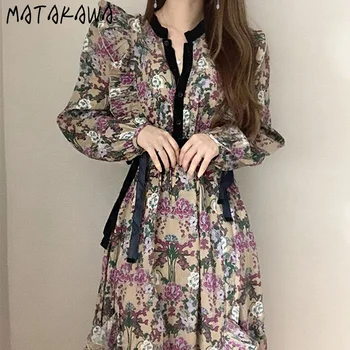 MATAKAWA Retro Elegant Rotund Gat Femme Halat coreean Chic Floral Singur Pieptul Rochie Zburli Cusut Dantelă Talie Vestidos