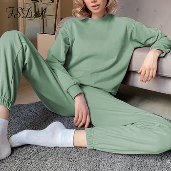 FSDA 2020 Toamna Casual Femei Set Verde cu Maneci Lungi Tricou Top Vrac Și Pantalonii Jos Acasă Două Seturi de Piese Kaki pantaloni de Trening