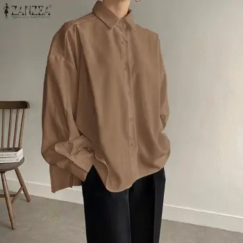 Plus Dimensiune ZANZEA Asimetrica Bluza Femei 2021 Moda de Primăvară Cutat Tricouri Casual OL Solidă Maneca Lunga Rever Topuri 5XL Blusa