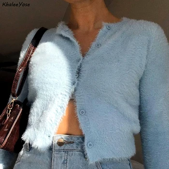 KHALEE YOSE Casual Trunchiate Pulovere Cardigan din Mohair Femei Sexy Pulover Tricotate Bluze Butonul Frontal Elastic Șic Fete Jumpere