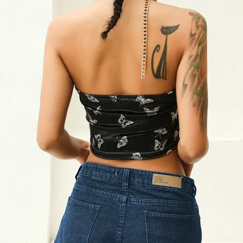 E-fata Ștreangul de Catifea Rezervor de Top pentru Femei Mozaic Lanț Crop Top Y2K Backless Trunchiate Feminino Streetwear Top fără Mâneci Tricou de Vara