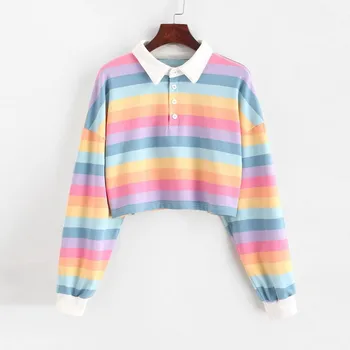 Doamnelor dungi de culoare buton rever top cu mâneci lungi pulover scurt sport tricou top multicolor multi-dimensiune женские блузки 40*