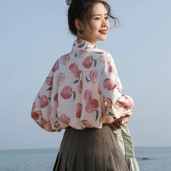 Drăguț Retro Liber Piersic Imprimare Șifon Camasi Elegante Rever Mâneci Lungi Cămăși Pentru Femei Casual All-meci Butoane Bluza Femei