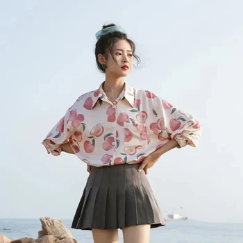 Drăguț Retro Liber Piersic Imprimare Șifon Camasi Elegante Rever Mâneci Lungi Cămăși Pentru Femei Casual All-meci Butoane Bluza Femei