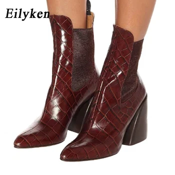 Eilyken Toamna Iarna Nou Occidentale Cizme de Cowboy Pentru Femei Snake Print din Piele PU Subliniat Deget de la picior Pătrat Tocuri inalte Pantofi Doamnelor