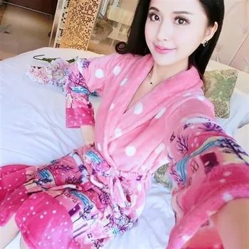 Haine Femei Maneca Lunga de Toamna se Ingroase Flanel Dantela-up Pijamale Cald Elegant Kimono Stil coreean Tipărite Femei Homewear Noi
