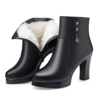 Noi De Iarnă Pantofi Pentru Femei Elegante, Cizme De Moda Cald În Interior Pluș / Lână Zăpadă Cizme Cu Toc Înalt Cizme De Vacă Din Piele Pantofi Pentru Femeie Cizme
