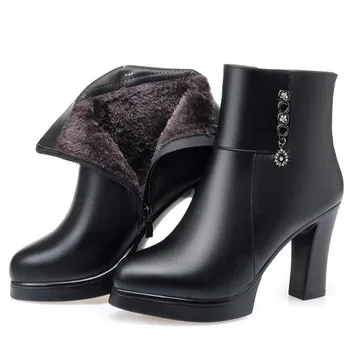 Noi De Iarnă Pantofi Pentru Femei Elegante, Cizme De Moda Cald În Interior Pluș / Lână Zăpadă Cizme Cu Toc Înalt Cizme De Vacă Din Piele Pantofi Pentru Femeie Cizme