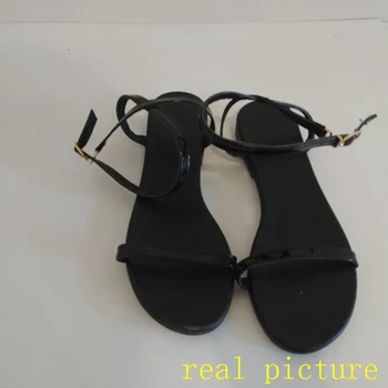 FURA CAT 2019 Noi de Vara Sandale Plate Sexy PU Piele Curea Glezna Femeie Romană în aer liber Open Toe Pantofi de Mari Dimensiuni 34-43 Negru