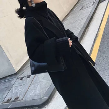 Negru Haină de Lână Femei Mijlociu Și Lung 2020 Stil Nou Peste Genunchi Hepburn Blând Dublu Fata de Lână Strat de Dantelă-Up cu Haine de Tweed