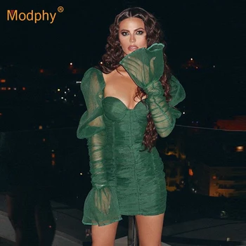 2020 Nou Toamna Verde negru Rochie Mini pentru Femei V-Neck Maneca Lunga Sexy si Damele de Rochie Retro Bodycon Rochie de Petrecere Elegante Vestidos