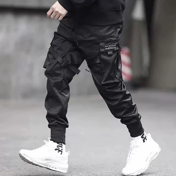 2020 Bărbați Multi-buzunar de Bază Negru Pantaloni Casual sex Masculin Hip Hop Streetwear Lungi de Trening Moda Dantelă Pantaloni Harem de Bărbați