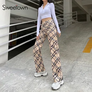 Sweetown 2020 Toamna Curba Stripe Pantaloni Drepte Femei Anglia Stil Preppy Y2K Streetwear Casual, Buzunare, Talie Înaltă Joggeri