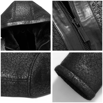 Gours Bărbați de Iarnă Real Jachete de Piele Negru piele de Oaie Autentic Shearling Coat Naturale Garnitură de Lână cu Glugă de Cald, Plus Dimensiune GSJF1893