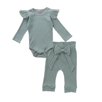 Copil nou-născut Fată Zburli Knit Romper Zbura Maneca Salopeta Arc Pantaloni Costume de Haine Set 2 buc 0-24M