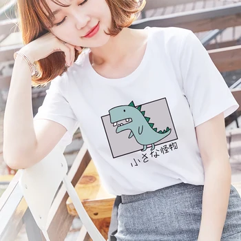 De Vara noi Femeile O-gat Maneci Scurte Elev Mic Monstru de Imprimare Uri de Moda din Bumbac Harajuku Kawaii Dinozaur Desene animate T-shirt