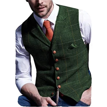 Verde Clasic Mens Vesta Tweed Vesta Notch Rever Wool Herringbone Costum Waicoat Notch Collar Vest