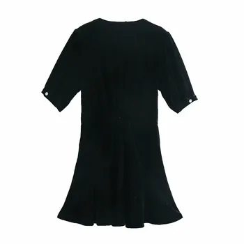 2020 Za Bijuterie Butonul De Catifea Mini Rochie Femei, Cu Maneci Scurte Talie Elastic Lady Rochii Femei De Moda De Iarnă Negru Vestiso