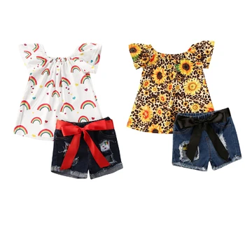2020 Summer Infant Fete pentru Copii Haine Seturi de Curcubeu/Print Floral Volane Maneca Tricouri Topuri+pantaloni Scurti din Denim 1-5A