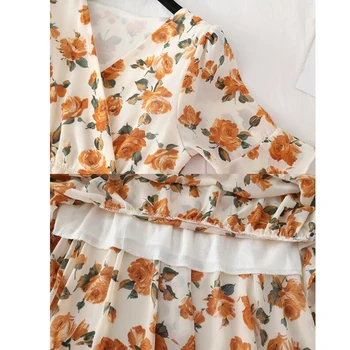 Noua Epocă V Gâtului Vară Midi Lungă Șifon Rochie De Imprimare Florale Volane Rochii Femei Casual Cu Talie Înaltă Elegant A-Line Vestidos