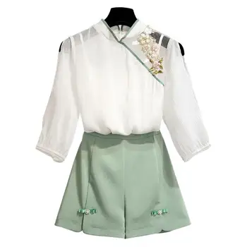 Broderie dantelă bluza femei 2 bucata set elegant topuri și pantaloni scurți set primavara-vara 2 bucată de costume de stil Chinezesc set