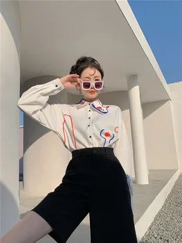 CHEERART 2021 Moda Femei Tricou Graffiti Print Alb cu Maneci Lungi Buton-Up Guler Designer de Topuri Si Bluze de Moda coreeană
