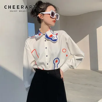 CHEERART 2021 Moda Femei Tricou Graffiti Print Alb cu Maneci Lungi Buton-Up Guler Designer de Topuri Si Bluze de Moda coreeană