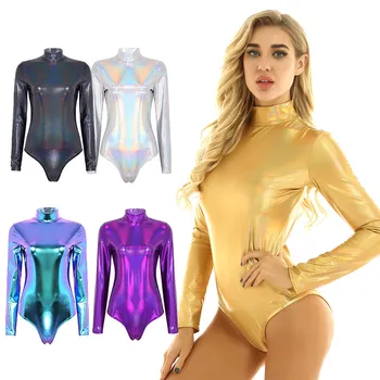 Femei Adulte Bodystocking Holografic Haine Strălucitoare Metalice De Gimnastică Dans Tricou Body Seara Cocktail-Uri Clubwear