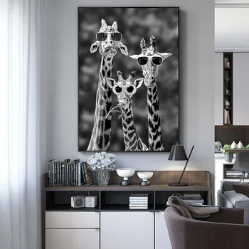 Alb Și Negru Girafa Familie Cu Ochelari Canvas Wall Art Pictura Pe Perete Decor Poster Și Printuri De Animale Amuzante Poza