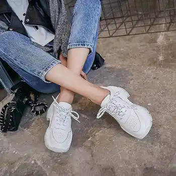 Lenkisen de bază alb clasic adidas din piele rotund deget de la picior toc gros de jos dantela femei confortabil vulcanizat pantofi L9f9
