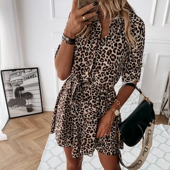 Leopard Shirt Rochii pentru Femei cu Maneci Lungi Guler de Turn-down Eșarfe Rochie Mini Moda Toamna Singur Buton Office Lady Sexy Rochie