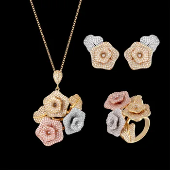 Zlxgirl bijuterii amestecat placat cu 3pcs flori de nunta Set de Bijuterii de mireasă Femei Clasic Cubic Zirconia Colier Cercei set Inel