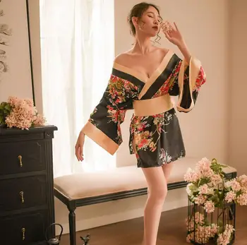 Japoneze Sexy Halat De Baie Negru Scurt Kimono Roșu Femeie În Uniformă De Îmbrăcăminte Exterioară