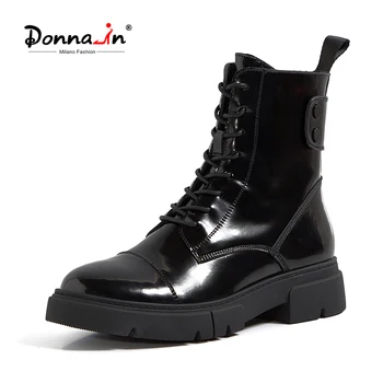 Donna-în Negru Glezna Cizme Pentru Femei Legați în Cruce Clasic Lucios Pantofi Platforma Stilul Punk Scurt de Pluș Iarna Zapada Ghete Femei