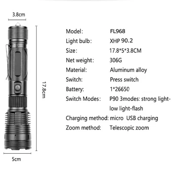 Super-Luminos XHP90.2 rezistent la apa Lanterna Lanterna 26650USB Reîncărcabilă LED Handlight Șoc Pentru autoaparare Cu Ciocan de Siguranță