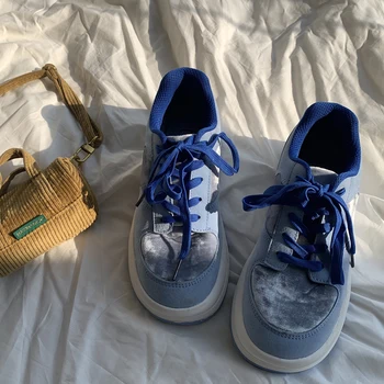 Femei Drăguț Albastru Adidasi Casual Respirabil Pantofi De Cald Moale, Mată Toc Gros Adidași Designer Mozaic Rularea Pantofi Platforma