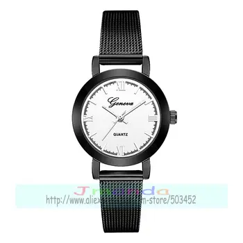 100buc/lot geneva 617 eleganta doamna plasă de ceas geneva logo simplu cadran negru cadran alb femei pe încheietura mîinii ceas cu ridicata ceas