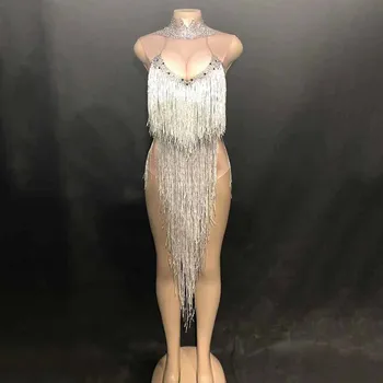 Noua femeie strălucesc pietre întinde sexy body Argint Ciucure Lung Costum Sărbători Ziua de naștere Dans Purta Costum de Lux