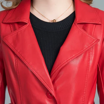 Haina de piele de primăvară doamnelor Pu jacheta de lungime medie moda toamna locomotiva din piele jacheta de faux din piele rosu negru genunchi