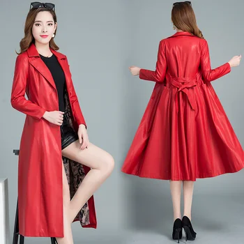 Haina de piele de primăvară doamnelor Pu jacheta de lungime medie moda toamna locomotiva din piele jacheta de faux din piele rosu negru genunchi