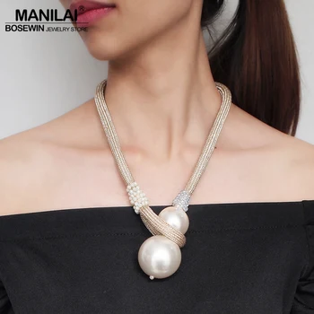MANILAI Mare Simulat Coliere de Perle Pentru Femei Indesata Margele Declarație Colier Pandantiv Moda Cristal Lanț de Frânghie Balonul Cravată
