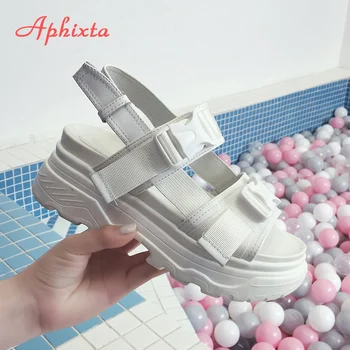 Aphixta 8 cm Platforma Sandale Femei Pană Tocuri inalte Pantofi Femei Catarama din Piele, Panza de Vară Zapatos Mujer Pene Femeie Sandale