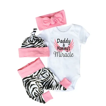 Copil nou-născut fete 4BUC Seturi de îmbrăcăminte Tati si Mami e Miracol Body + Pantaloni Zebra+Hat +Bentita Copil Merge cu pași mici Fete Tinuta