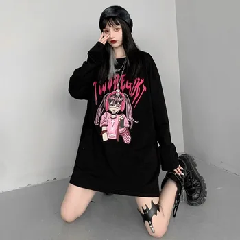 Cu mâneci lungi T-shirt pentru Femei Toamna Harajuku Gotice Punk Pierde Bfstyle fată de Desene animate de Imprimare O-Neck Top Cuplu Supradimensionat Streetwear