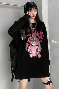 Cu mâneci lungi T-shirt pentru Femei Toamna Harajuku Gotice Punk Pierde Bfstyle fată de Desene animate de Imprimare O-Neck Top Cuplu Supradimensionat Streetwear