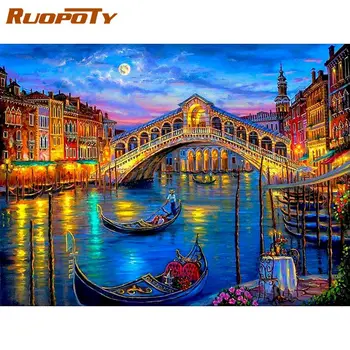 RUOPOTY 60x75cm Pod Și Barca Râu, Peisaj Pictură în Ulei De Numere Diy Încadrată Pigment Acrilic pe Panza Decor Acasă Cadou Unic