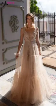 Caise-Un-lineformal Rochii de Seara Elegant a-line V-gât Adânc Sexy Prom Rochii cu Maneci Lungi ES2641 rochii de femeie noapte de petrecere