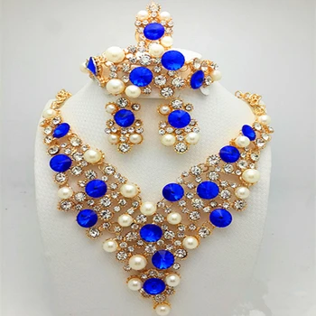 Longqu Set de Bijuterii de Mireasă Nigerian Nunta de Aur din Dubai Seturi de Bijuterii pentru Femei Afro-Albastru roz bijuterie Colier Cercei Bijuterii