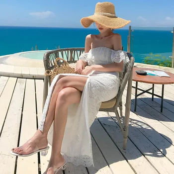 Femei Maxi Alb Pe Umăr Dantelă Rochie De Vară 2020 Pista Elegant Coreean Petrecere Wrap Rochie Lungă Epocă Vacanta Pe Plaja Rochii
